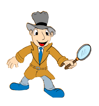 The Clue Meister, a detective with a magnifying glass